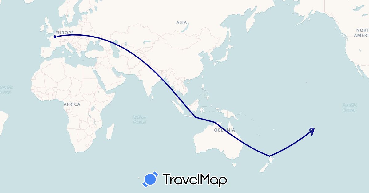 TravelMap itinerary: driving in Australia, France, Indonesia, New Zealand, French Polynesia (Asia, Europe, Oceania)